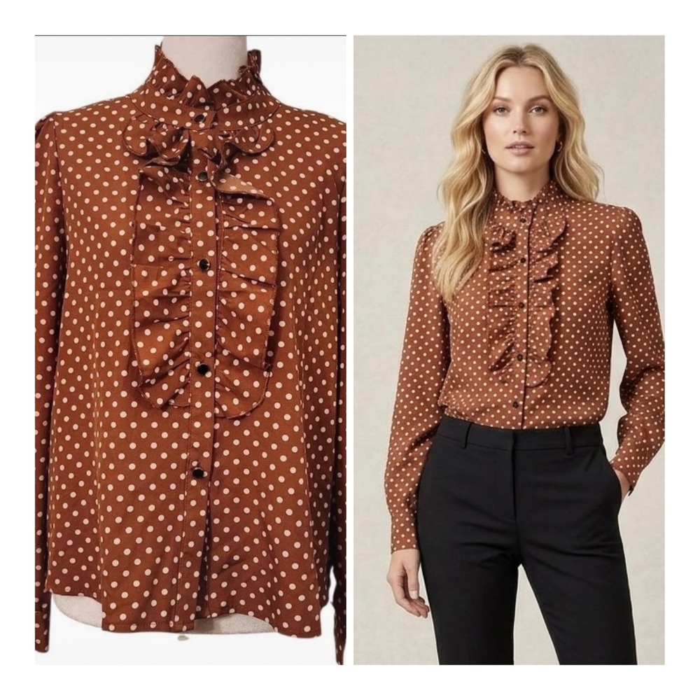 Coquette Brown Polka Dot Ruffle Front Blouse High Neck Long Sleeve Shirt Size S